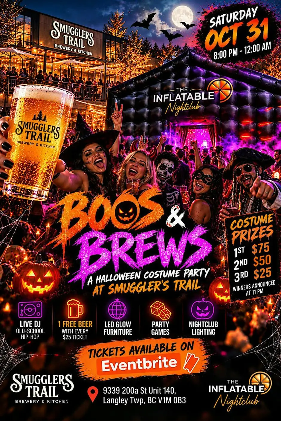 Guests in Halloween costumes enjoying a lively brewery party with purple and magenta lights