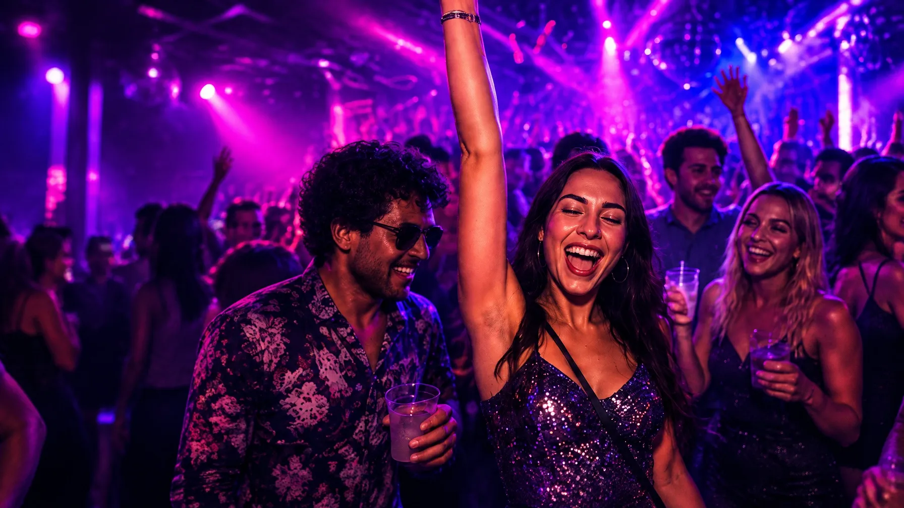 Friends celebrating together at a vibrant nightlife event